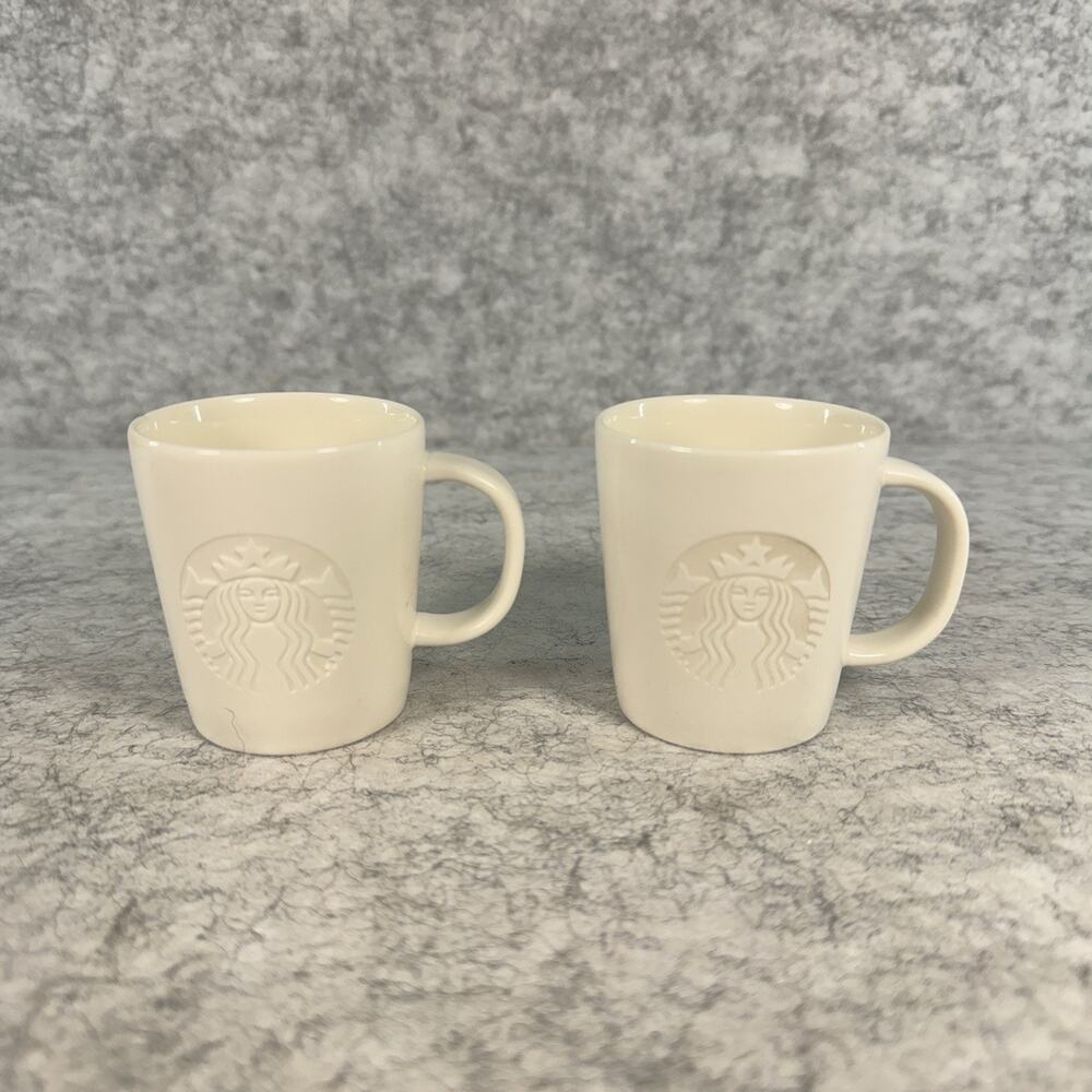 Set of 2 Starbucks 2015 White Etched Siren Mermaid Mini Espresso Cups Mugs 3oz